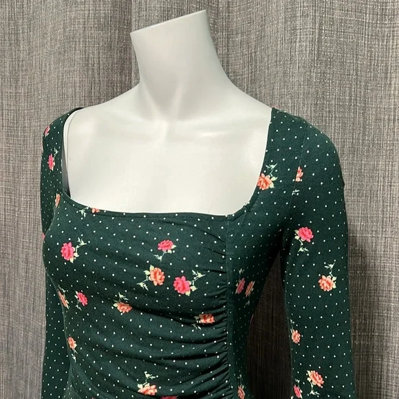 NWT Free People Celia Green Polka Dot & Floral Print Long Sleeve Mini Dress XS - Picture 7 of 11